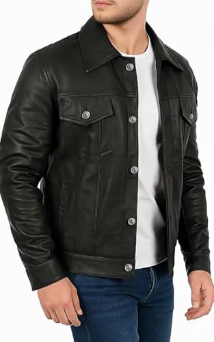 ジャケット・アウター A LEATHER TRUCKER JACKET SIZE56 OVY Vintage Style Leather Trucker Jacket - Black Classic For Men at