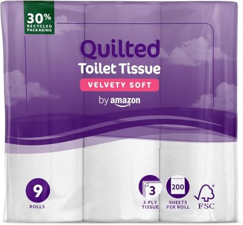 by Amazon Papier Toilette, 3 Épaisseurs Matelassé, Doux et Soyeux, 9 Rouleaux (1 Paquets de 9), 200 Feuilles par Rouleau, Certifié FSC