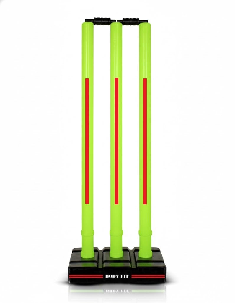 BodyFit Premium Cricket Wicket Set l Heavy Duty Plastic l Standard Size l 3 Stumps+2 Bails+1 Stand Set l Professional Quality for Cricket Ground, Match, and Tournament, Green-Red.-image-41