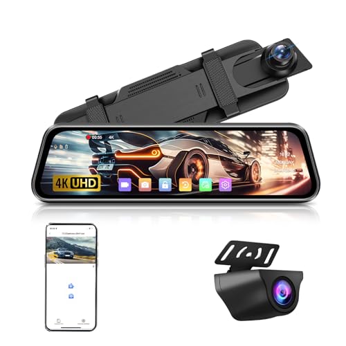 4K Dashcam Retroviseur【WiFi】 10 Pouces Écran Tactile IPS Retroviseur Camera de Recul Dashcam Voiture Avant Arriere Aide au Stationnement with WDR Vision...