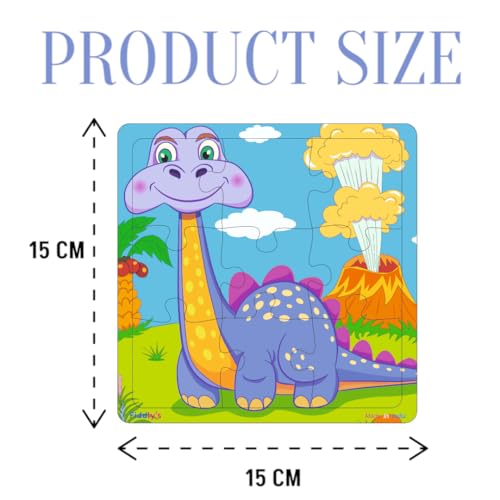Fiddlys Wooden Jigsaw Puzzles for Kids & Children – 9 Pieces Each, Pack of 4|Double Layered Front & Back Print| Educational Toy for Boys & Girls Age 2 3 4 5 6 Year Old (Dinos Pack of 4)
