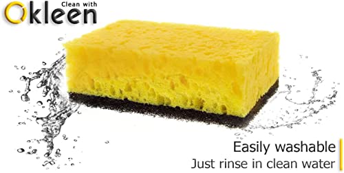 Image of Yellow Multi Use Scrub Sponge. Made in Europe. Large Pack of 18. 4.3x2.8x1.4 inches. Black Heavy Duty & White Non Scratch Fiber. Best Odorless & Durable Professional Scrubber for Commercial Use