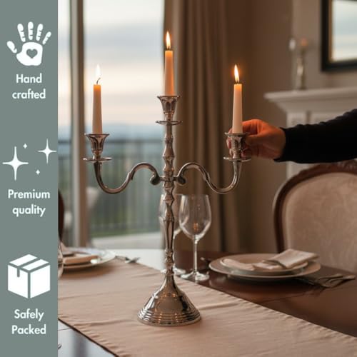 Image of 3 Arm Silver Candelabra Candle Holder | 16 Inch Tall Metal Candlestick Stand | Electroplated Finish | Dining Table, Living Room & Wedding Decor | 11.5 x 4.75 x 16inch