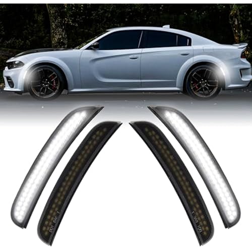 Side Marker Lights for Charger 2015-2023, Front & Rear Fender Light for Charger SXT, for Scatpack, for SRT Hellcat, LED White Parking Light, Bumper Marker Lamps, Smoked Len, 4PCS