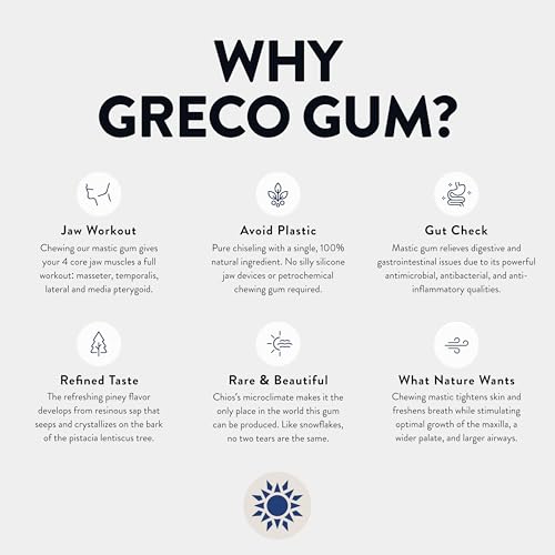 Greco Gum - Mastic Gum Droplets – Small Pieces Hard Chewing Gum for Jawline Training, Digestive Support, Bloating Relief – Piney Flavor, Chios Mastiha – Plastic-Free, Sugar-Free – 1 Tin (1.59 oz)