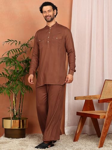 Image of See Designs Men's Full Sleeve Mandarin Collar Viscose Rayon Solid Pathani Set