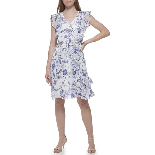 Image of Tommy Hilfiger Women's Sleeveless V-Neck Ruffle Trim Tie Waist Chiffon Mini Dress