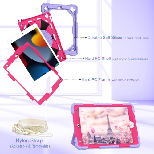 Image of Auizotl Case for iPad 9th /8th /7th Generation 10.2 Inch iPad Case 9th Generation with Screen Protector /Rotate Stand /Pen Holder,Military Grade Shockproof i Pad 9th /8th /7th Gen Cases,Purple Pink