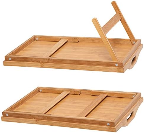 Lawei 2 Pack Bamboo Foldable Breakfast Table, Bed Tray Table with Legs, Serving Tray with Handles, Portable Food Table for Serving Breakfast in Bed, Laptop Desk Snack Tray for Eating, Reading, Working