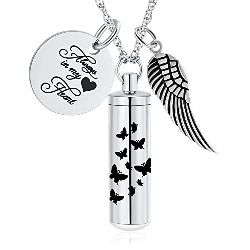 Collier urne cylindrique papillon et aile d'ange pour cendres souvenir funéraire