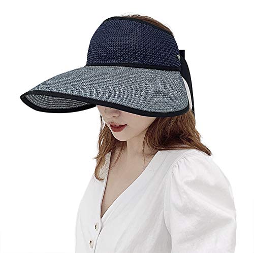 Sun Visor Hats For Women Wide Brim Straw Roll Up Ponytail Summer Beach Hat Upf 50+ Sun Protective Golf Hunting Baseball Cap Fishing Hiking Travel Sun Hat Packable Bow Fisherman Headwear For Girl Navy #TOP1