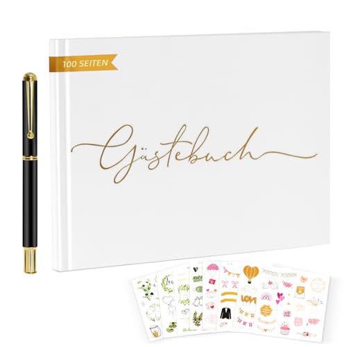 Omtofo Libro de Visitas de Boda 100 Páginas en Blanco, Tapa Dura Libro Firmas Boda con Pegatinas y Rotulador Metálico, Libro de Invitados de Boda Personalizado para Bodas, Aniversarios (Blanco)