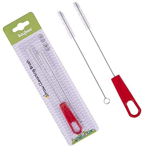 Image of Baybee Baby Straw Cleaning Brush Set Combo Cleaner Set Of 2-Pieces Rotation 360 Degrees - Red (Brush)