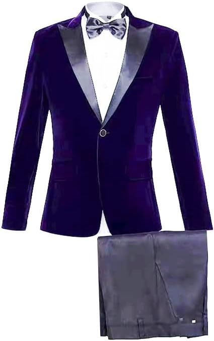 Men's 2 Piece Suits Velvet Blazer Shawl Lapel Solid Tuxedo Slim Fit Stylish（Jacket Pants）