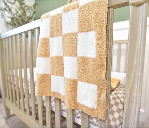 Image of L+L USA Checkered Baby Blanket 28 inchx40 inch - DreamSoft Knit Throw for Crib, Stroller or Car Seat - Soft Blanket /Newborn Nursery Gift Essential for Toddler, Infant, Kids, Boys & Girls (Tan /White)