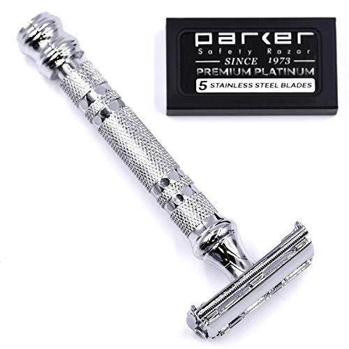 Parker Safety Razor, Parker 66R High Lustre Chrome, Long Handle Heavyweight Butterfly Open Double Edge Safety Razor For Men, 5 Parker Premium Platinum Double Edge Razor Blades Included #TOP3