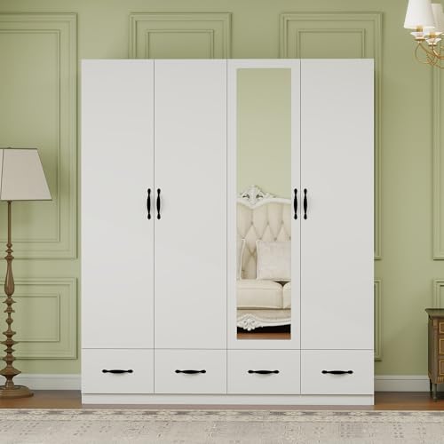 TrendTerrace Wooden Armoire Wardrobe Closet:Large Wardrobe Closet with 4 Doors, 4 Drawers for Tall Cabinet, Wardrobe Cabinet for Bedroom with Mirror and Hanging Rods, Black Handle, White
