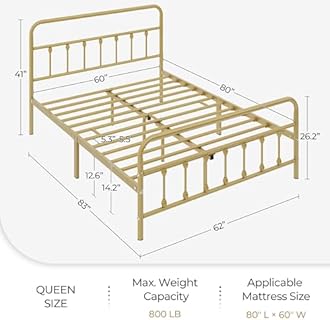 Yaheetech Classic Metal Platform Bed Frame Mattress Foundation with Victorian Style Iron-Art Headboard/Footboard/Under Bed Storage/No Box Spring Needed/Queen Size Antique Gold