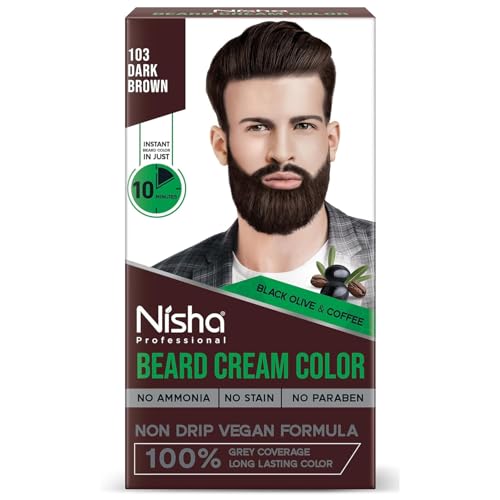 N.i.s.h.a. Beard Colour For Men, Dark Brown, 100% Grey Coverage, No Ammonia, No Stain, No Paraben, Non Drip Vegan Formula, Long Lasting Color in 10 Minutes, 60g Colorant + 60g Developer