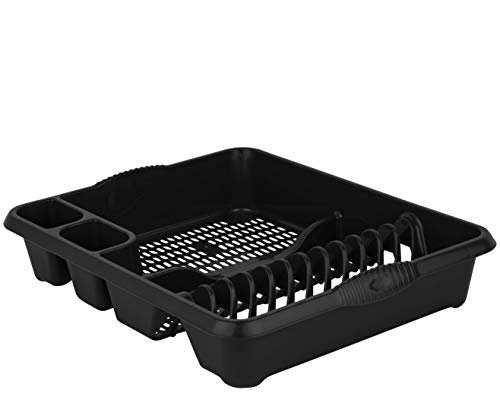 M1SS Set of 39cm Rectangular Washing up Bowl with Large Dish Drainer Plate Rack Draining Board Tray Stand Sink Holder Kitchen Organiser (Midnight Black)