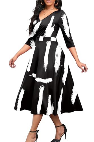 Nmoder Women's Casual Wrap Flared Midi Dress Wedding Guest Cocktail Tea Dresses A-Line Swing V-Neck 3/4 Sleeve Blacl White Strip M