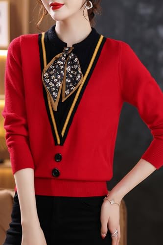 LAI MENG FIVE CATS Women's Fall Tie Neck Sweater Shirt Long Sleeve Patchwork Knit Pullover Blouse Tops3