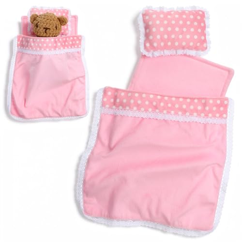 3 Pcs Doll Blanket Mattress Pillow Doll Accessories Dolls Bedding Kit Playset Soft Pink Polka Dot Fits 8-12 Inches Dolls for Gifts Bedding Accessorie