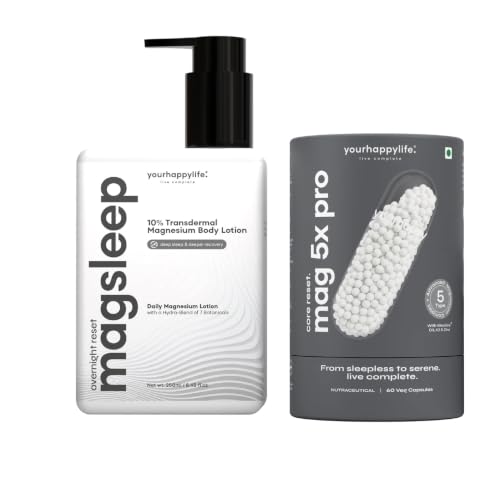 Image of YourHappyLife Overnight Recovery Stack | Mag 5X Pro Magnesium Capsules 60 Count + 10% Transdermal Magnesium Body Lotion 250ml | Sleep & Muscle Recovery Support