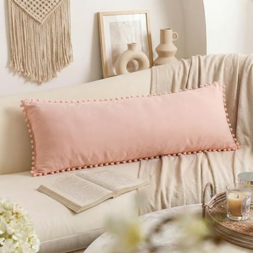 MOVE OVER Pink Body Pillow Cover Cute Pink Pom Pom Body Pillow Cover Soft Washed Microfiber Boho Chic Pillow Case Cover with Pocket Closure Girly Blush Pink Pillow Case for Bedroom