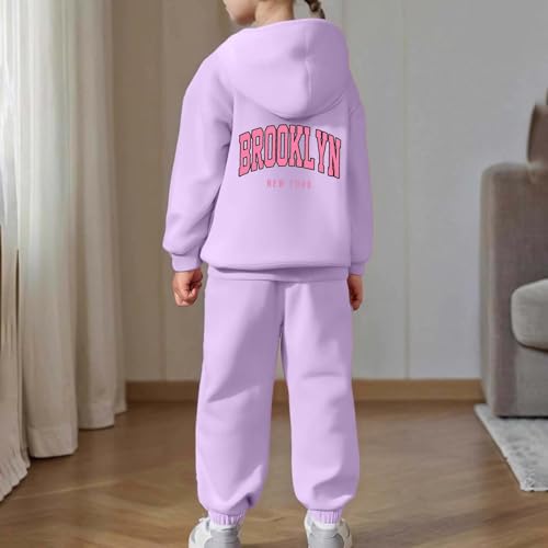 Girls Sweatsuit Set - 2 Piece Brooklyn Letter Print Graphic Pullover Hoodie Sweatshirt and Sweatpants Jogger Sets 2-13Years3