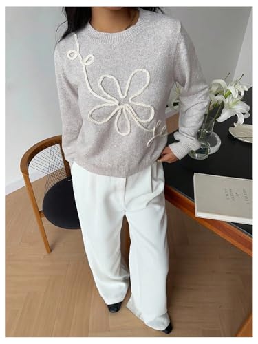 Image of RoseSeek Women's 3D Floral Appliques Crewneck Sweaters Long Sleeve Drop Shoulder Pullovers Elegant Knit Tops