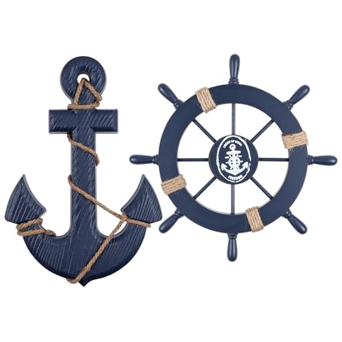BIMUYI Decoración para volante de barco, timón y ancla de madera náutica, decoracion pared, juego de 2 (azul)