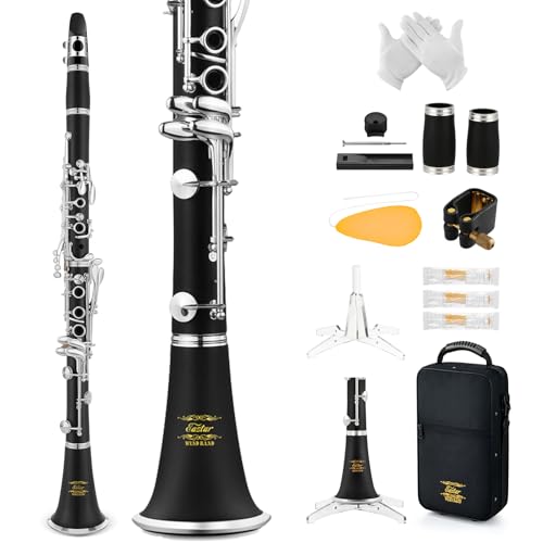 Eastar B Flat Clarinet for Intermediate Beginners, Upgraded Ebonite Bb Clarinet Silver-plated with 2 Barrels, 4C Mouthpiece, Hard Case, Cleaning Kit, ECL-400