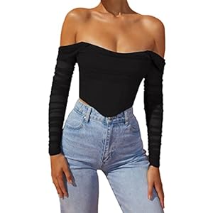 Baonmy Bustier Corset Top for Women Long Sleeve Corset Top Off the Shoulder Vintage Boned Mesh Bustier Corset Top Zip Back