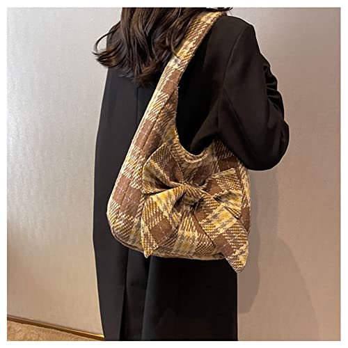 Image of Fashion Shoulder Hobo Bags for Women Wool Tweed Tote Bags Plaid Pattern Bowknot Handbags and Purses Large Capacity