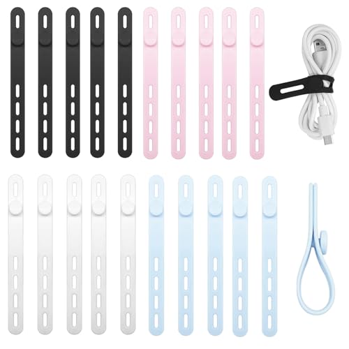 20Pack Silicone Cable Ties, Reusable Cable Straps Organizers，Washable Cord Organizer Wrap, Elastic Adjustable Wire Ties Management for Earphone Phone Charger Cable Computer