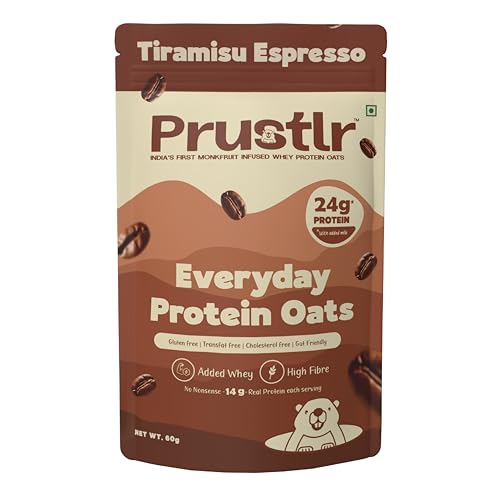 Image of Prustlr Protein Oats - Tiramisu Espresso 60g | 24g Protein per Serve (with added Milk) | Sweetened with Monk Fruit | Gluten-Free & Guilt-Free | No Added Preservatives | Use as Instant or Overnight Oats