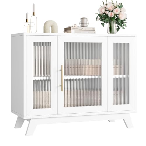Image of 36 inch Sideboard Buffet Cabinet with Storage, Contemporary Farmhouse Kitchen Sideboard with Glass Doors & Adjustable Shelves for Dining Room & Living Room