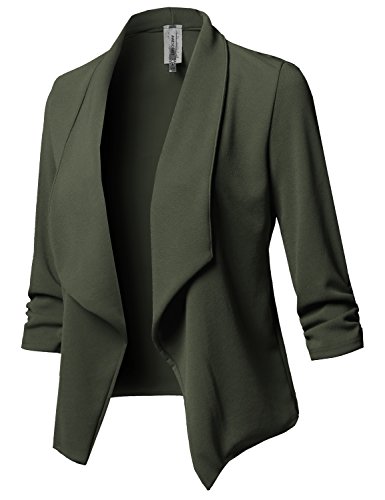 Stretch 3/4 Gathered Sleeve Open Blazer Jacket Olive S