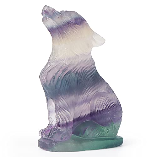 Artistone Rainbow Fluorite Crystal Wolf Statue Gifts Hand-Carved Polished Gemstone Wolves Decor Sculpture Animal Carvings Collectible For Home Office Decoration #TOP23