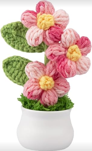 Image of VRB Dec Plastic TM 1 Pcs Crochet Flowers Artificial Daisy for Office Desk Car Dashboard Decor,Home Decoration, Office, Bedroom, Christmas Decor, Wedding,Diwali. (Triple Pink Daisy with Pot)