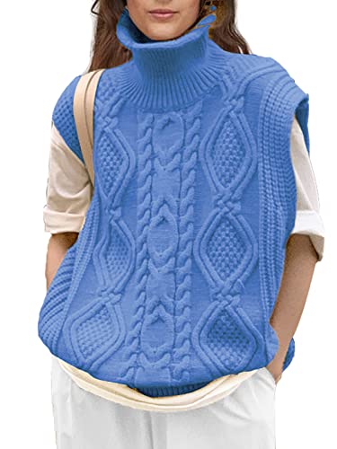 Women's Turtleneck Cable Knit Sweater Vest, Sleeveless Rollneck Pullovers Curve Sweater Vest For Women (Blue) #TOP22