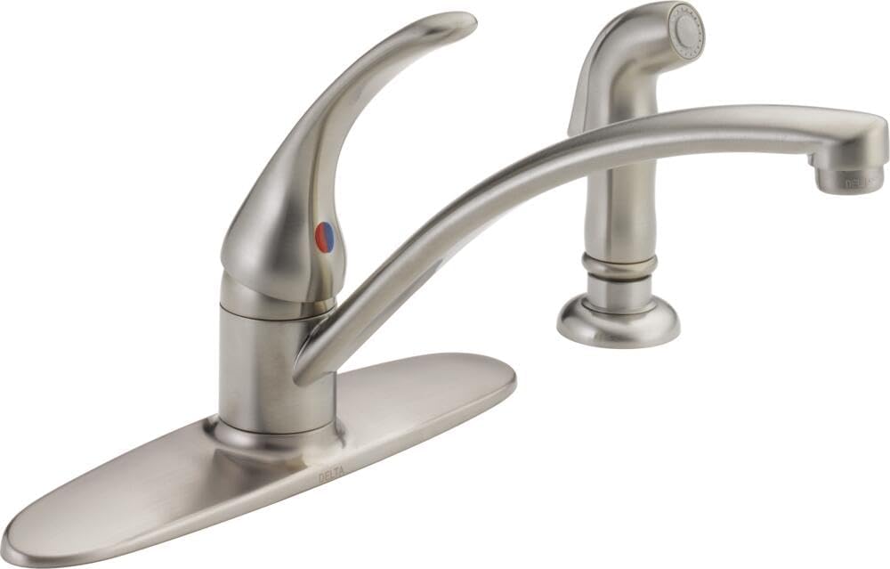 Foundations Brushed Nickel Kitchen Faucet with Side Sprayer, Contemporary 4 Hole Kitchen Sink Faucet, Single Handle, Stainless B4410LF-SS