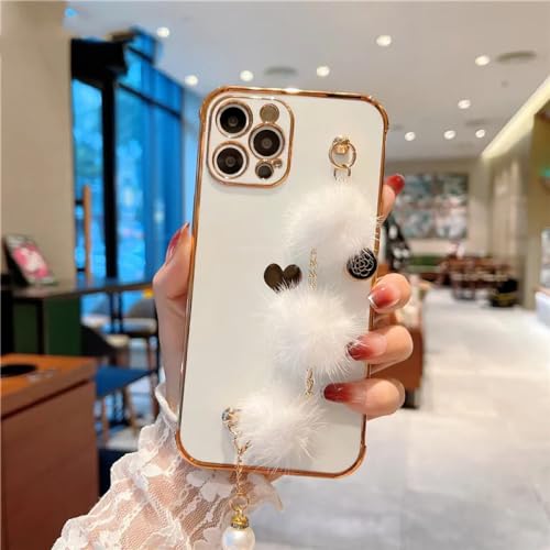 SRGDRR Plating Love Fur Ball Pulsera de Metal Estuche Blando para iPhone 14 13 Pro MAX 12 11 Mini X XS XR 7 8 Plus SE Funda, Blanco, para iPhone 12 ProMax