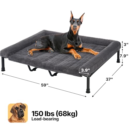 Veehoo Hundeliege Outdoor XXL Waschbar, Flauschiges Hundeliege mit Abnehmbarem Polster, Erhöhtes Hundebett Hundesofa mit Rutschfesten Füßen für Drinnen Draußen, Grau 150 x 94 x 20 cm