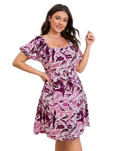 Image of Plus Size Women Boho Floral Dress Puff Short Sleeve Square Neck Button Front A-Line Flowy Summer Casual Midi Dress