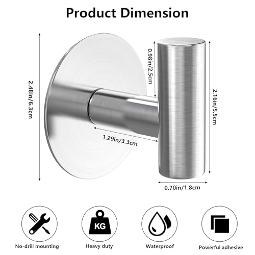Image of Heavy Duty Self-Adhesive Coat Hooks, Stainless Steel Towel Hooks for Bags, Towels, Robes, Hats, Aprons - No Drill Bathroom, Kitchen, Hotel Wall Hooks (2 Pack, Silver)