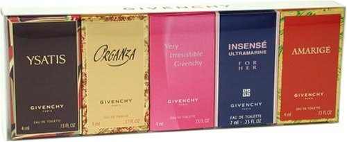 Givenchy Variety By Givenchy For Women. Set-5 Piece Mini Variety With Amarige .13 Ounces & Ysatis .13 Ounces & Organza .17 Ounces & Very Irresistible .13 Ounces & Insense Ultramarine .23 Ounces And All Are Minis