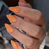 KQueenest Orange Press on Nails Short Almond - 30 Pcs Reusable Fake Nails Glue on, Thick Natural Fit Acrylic Nails, Salon Quality Stick on Nails for Women, No Damage Easy Soild Color False Nails