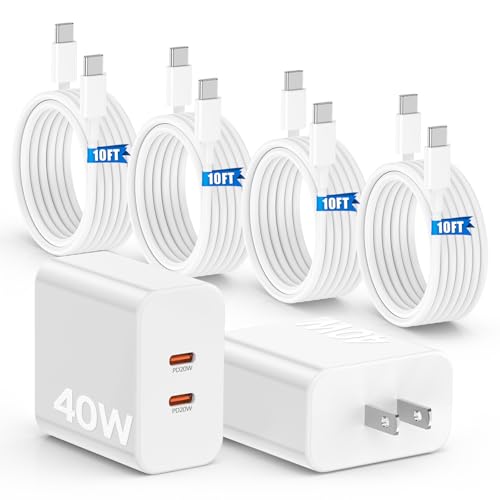 40W Fast Charger for iPhone 16 15 Pro Max Charger Fast Charging,2Pack Dual Port USB C Charging Block with 4Pack 10FT USB C to USB-C Charger Cord for iPhone 16 15 Plus/16 15 Pro Max/iPad Pro-White